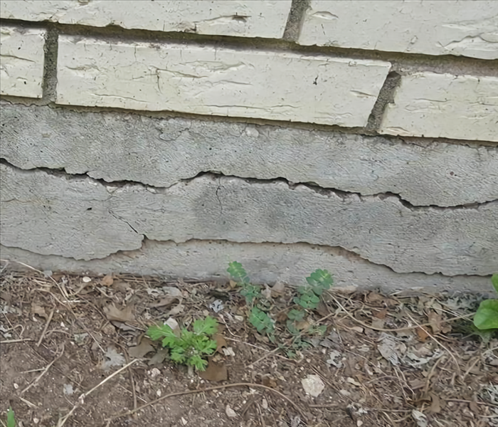 The foundation of a house with various large horizontal cracks in it.
